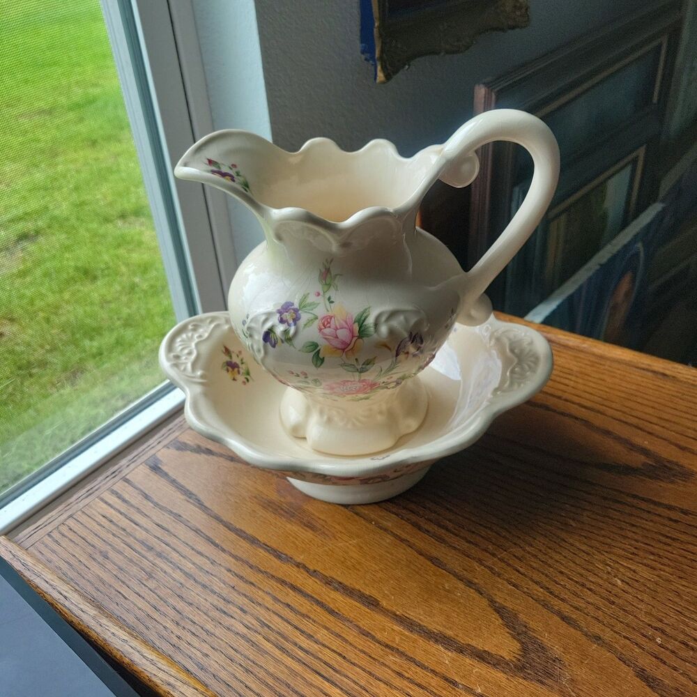 Vtg 1930s British Ceramic Pitcher & Wash Basin Bowl Set Floral Rose Art Deco Era - Picture 1 of 16